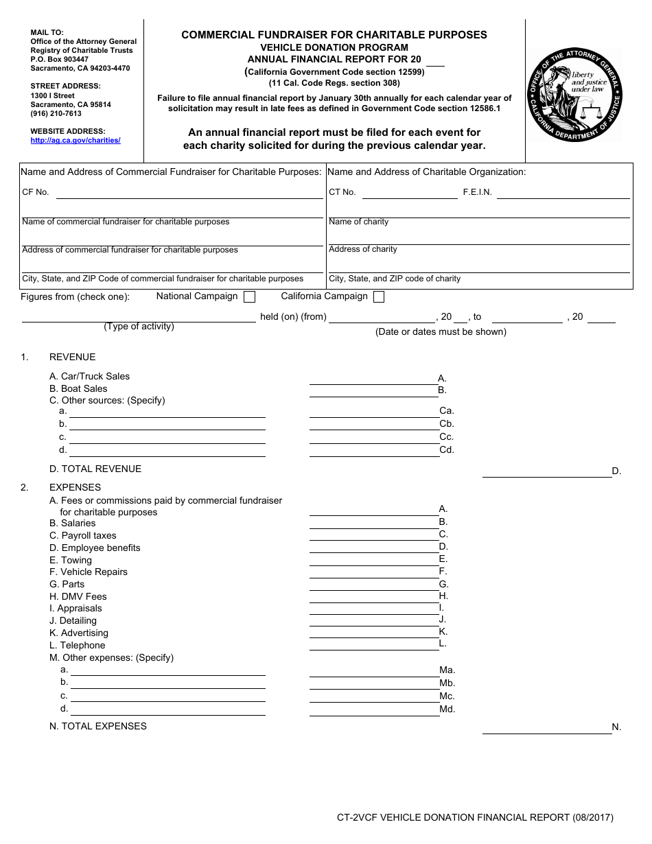 Form CT-2VCF Annual Financial Report - Vehicle Donation Program - California, Page 1
