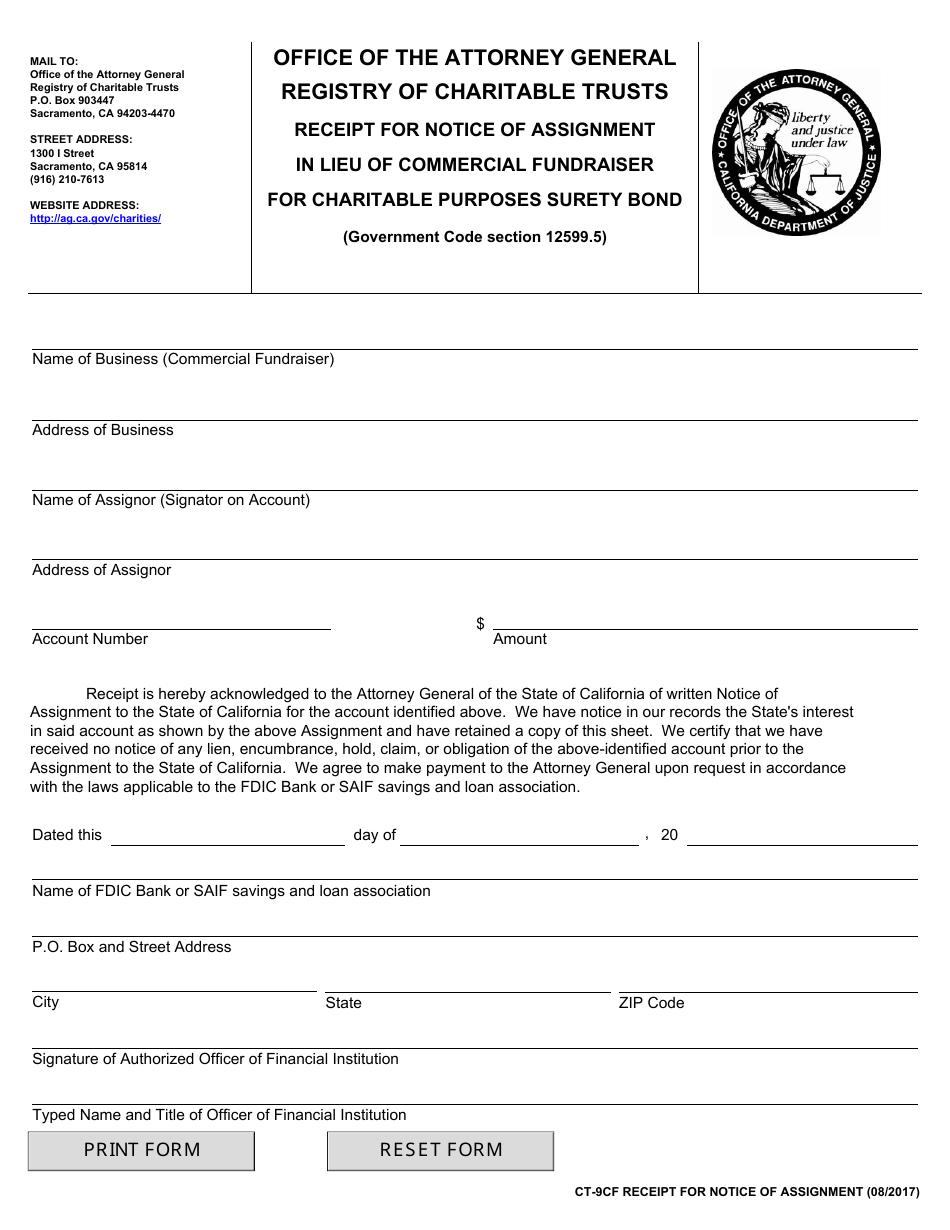 Form CT-9CF Receipt for Notice of Assignment in Lieu of Commercial Fundraiser for Charitable Purposes Surety Bond - California, Page 1