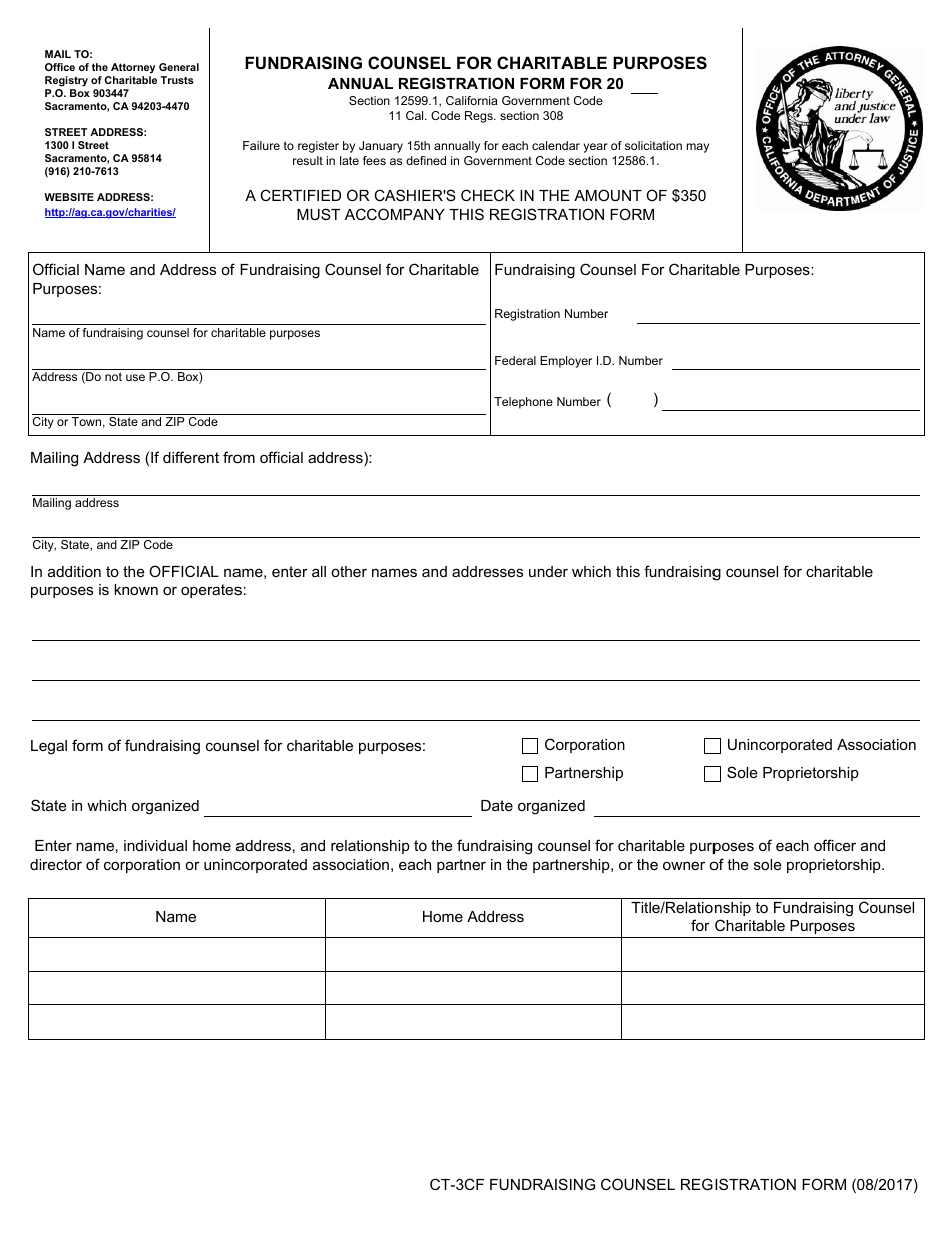 Form CT-3CF Annual Registration Form - Fundraising Counsel for Charitable Purposes - California, Page 1