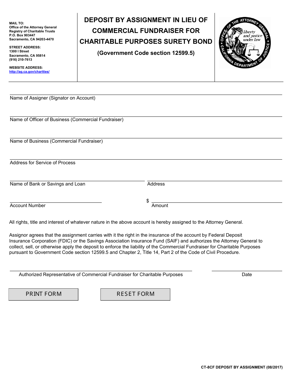 Form CT-8CF Deposit by Assignment in Lieu of Commercial Fundraiser for Charitable Purposes Surety Bond - California, Page 1