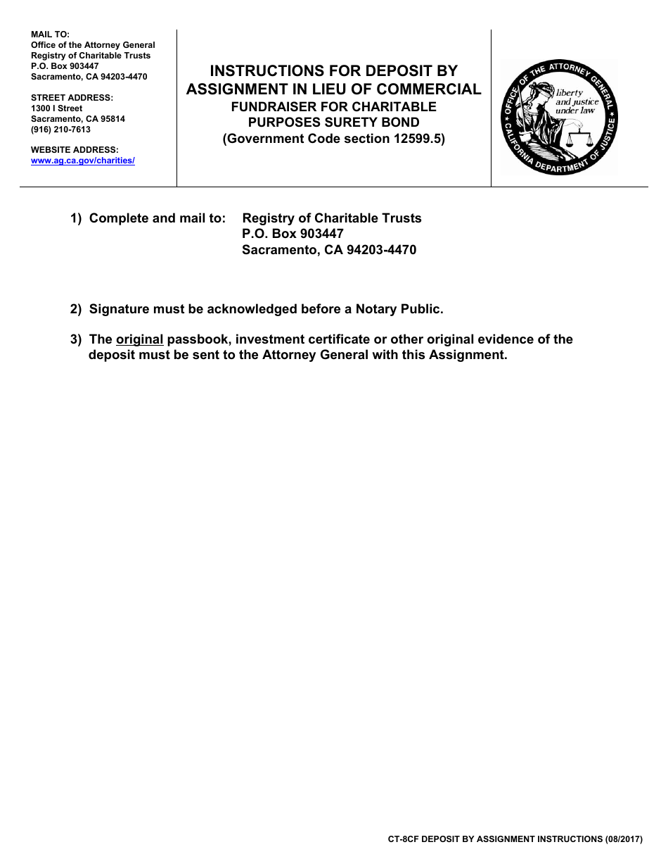 Form CT-8CF Deposit by Assignment in Lieu of Commercial Fundraiser for Charitable Purposes Surety Bond - California, Page 2