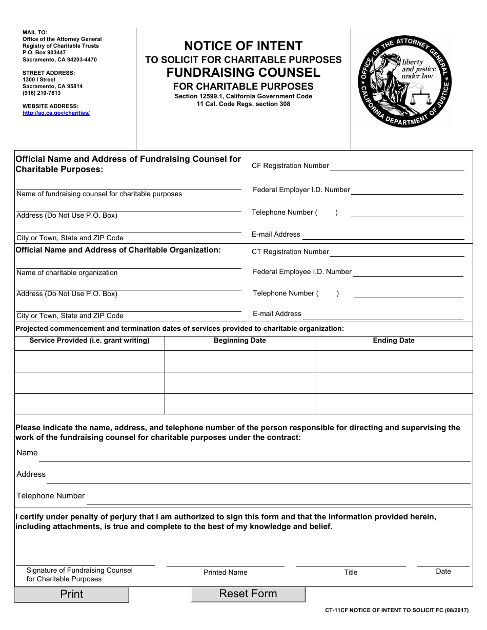 Form CT-11CF Notice of Intent to Solicit for Charitable Purposes - Fundraising Counsel - California, Page 1