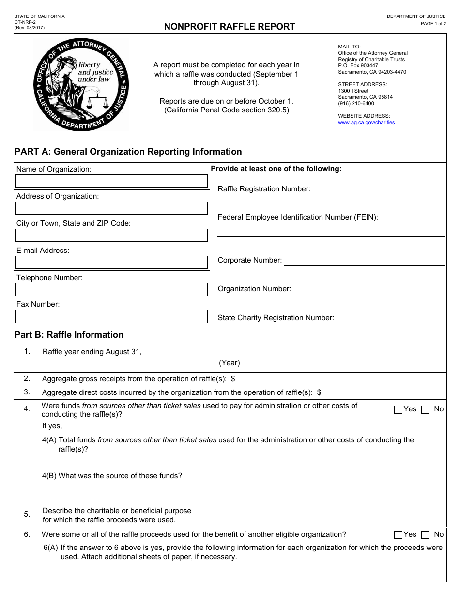 Form CT-NRP-2 Nonprofit Raffle Report - California, Page 1