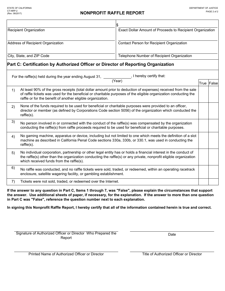 Form CT-NRP-2 Nonprofit Raffle Report - California, Page 2