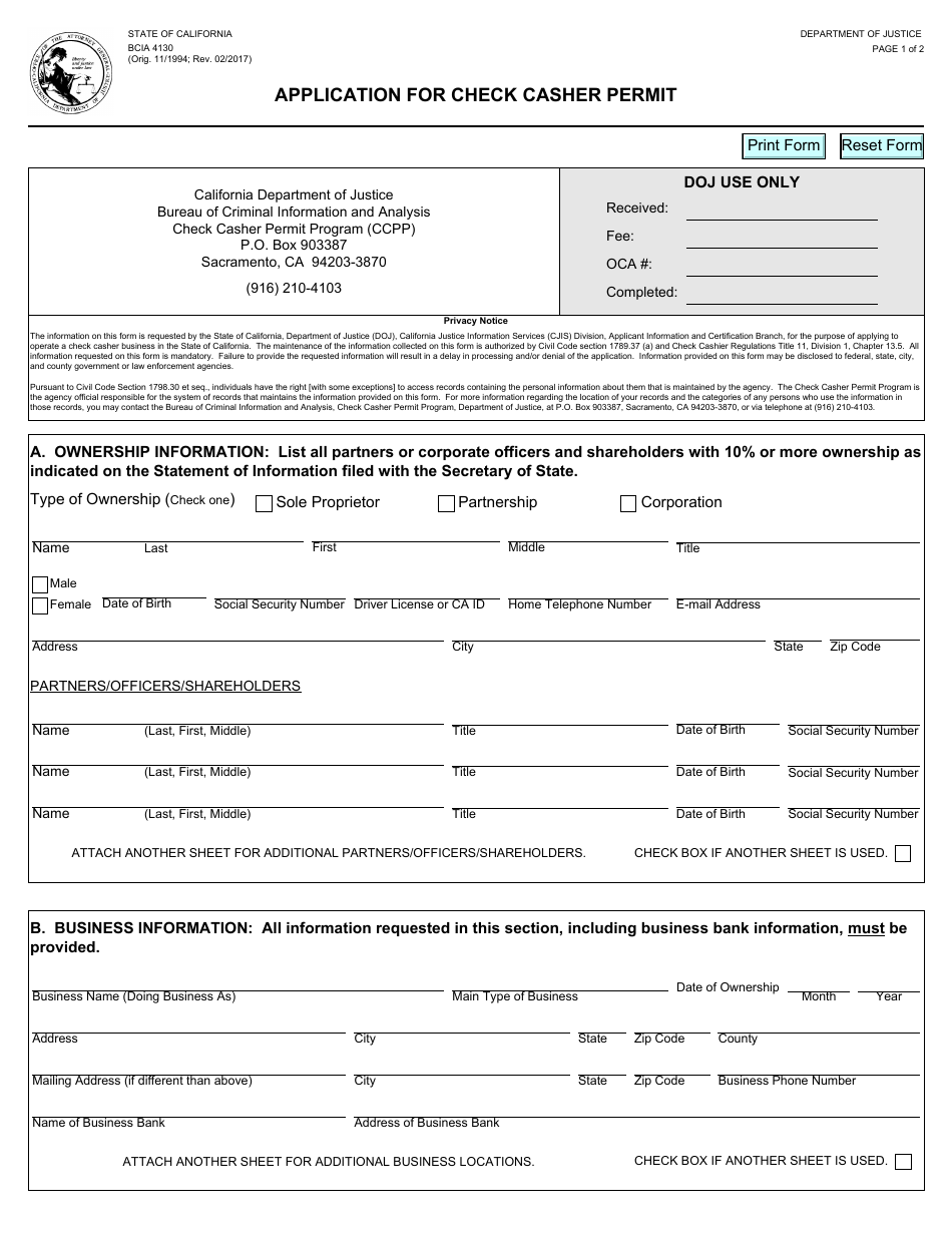 Form BCIA4130 Application for Check Casher Permit - California, Page 1