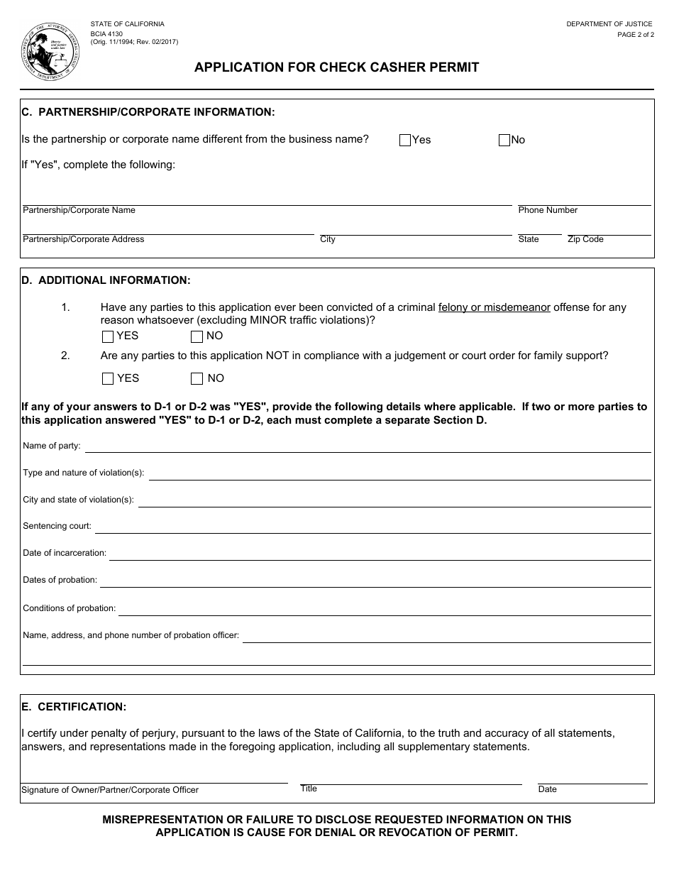 Form BCIA4130 Application for Check Casher Permit - California, Page 2