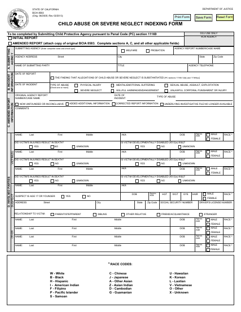 Form BCIA8583 Child Abuse or Severe Neglect Indexing Form - California