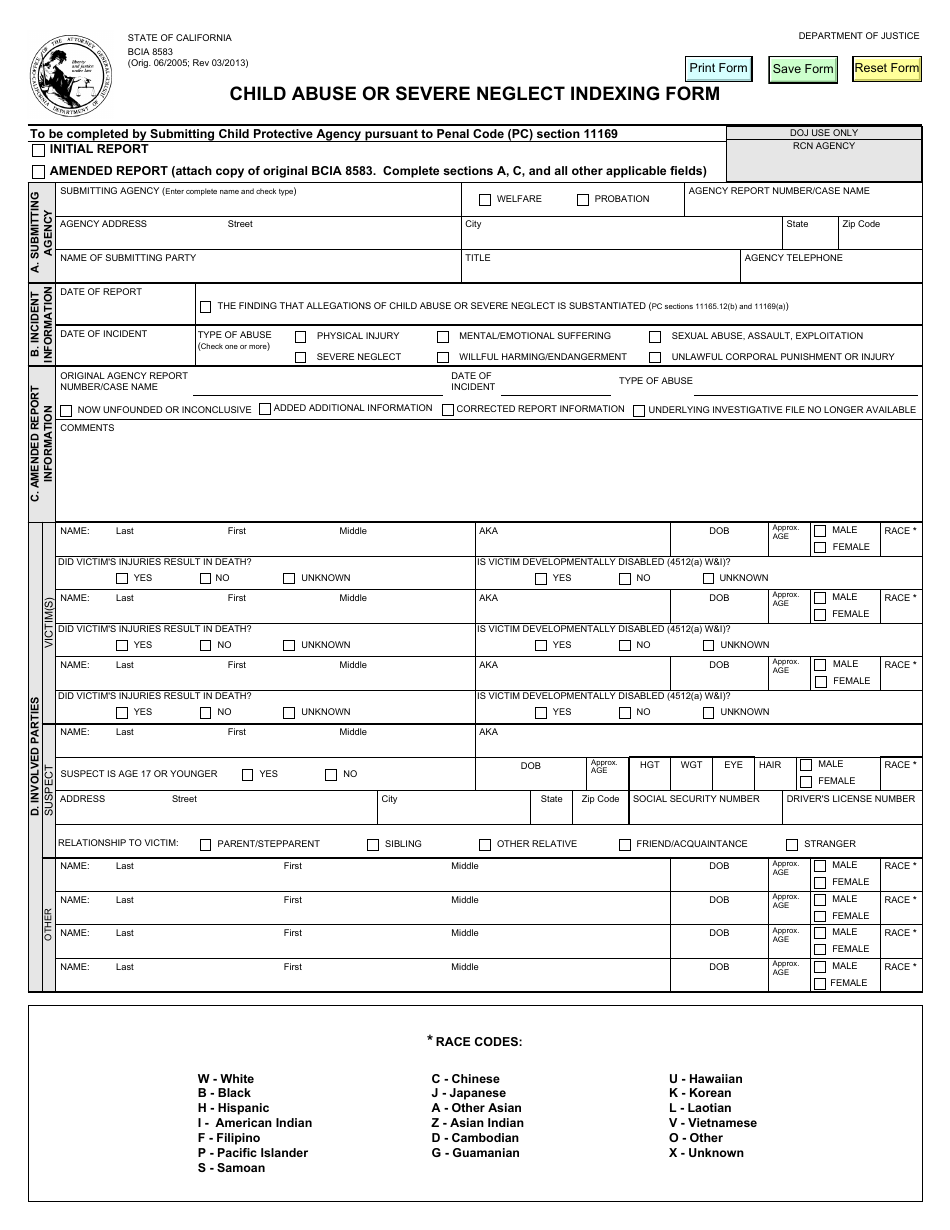 Form BCIA8583 Child Abuse or Severe Neglect Indexing Form - California, Page 1