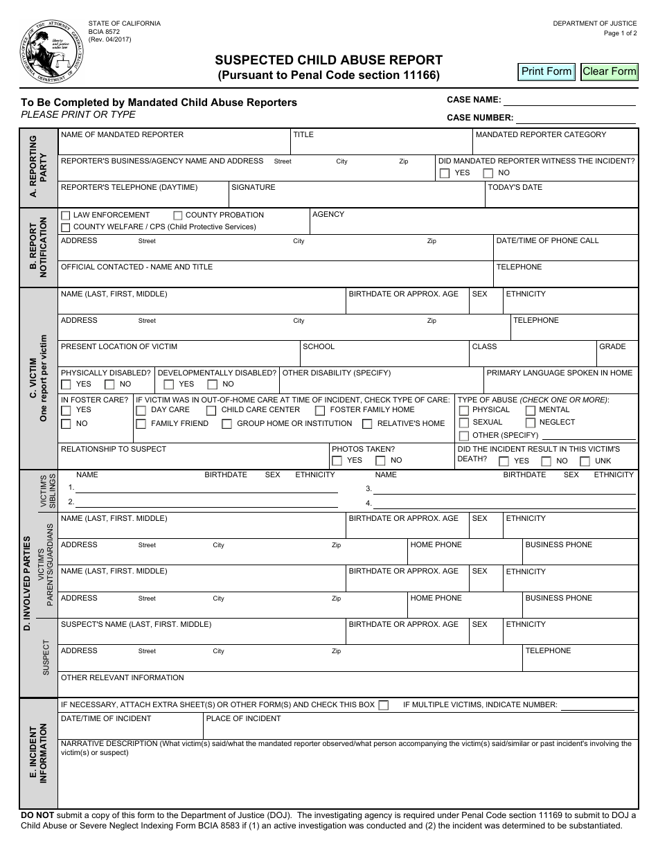 Form BCIA8572 Suspected Child Abuse Report - California, Page 1