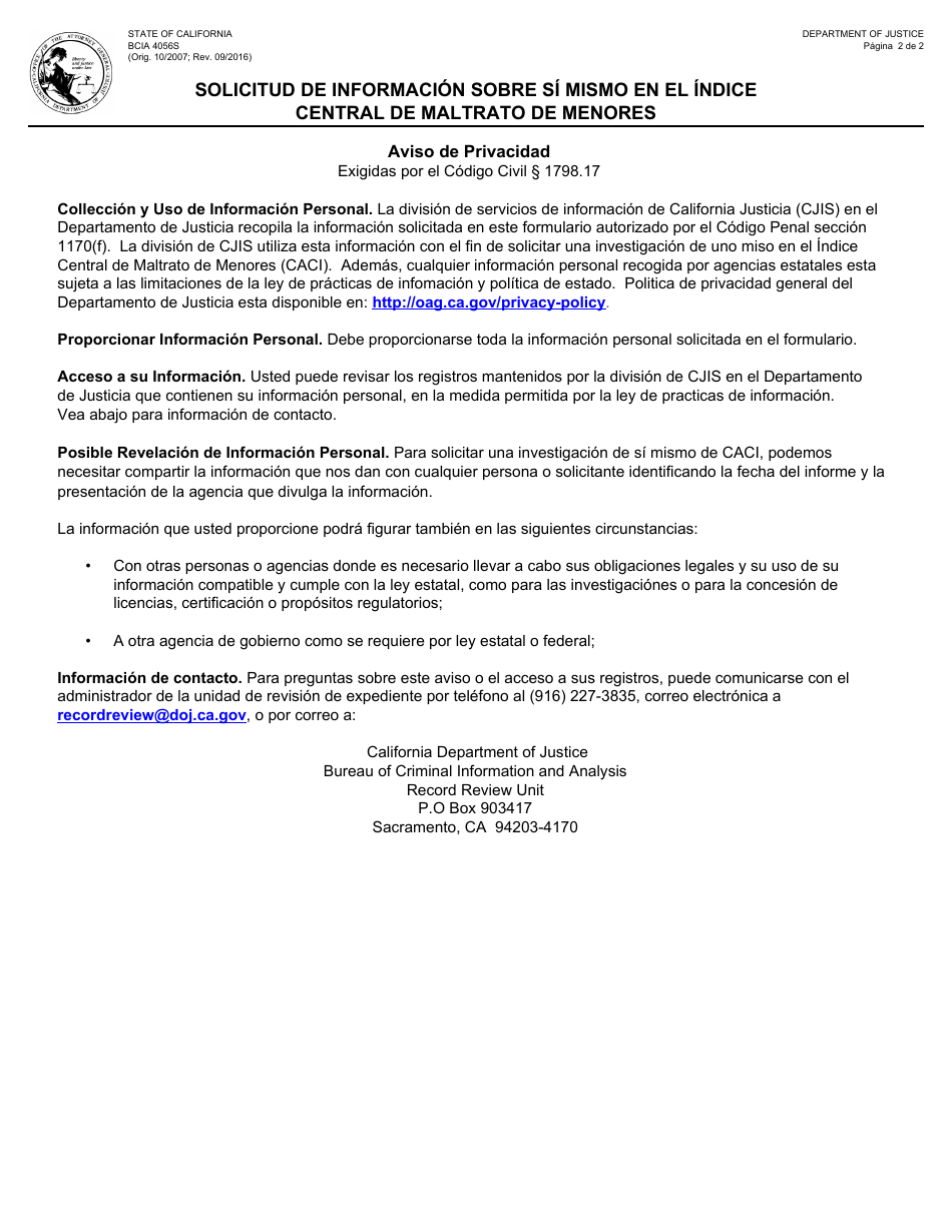 Formulario BCIA4056S Solicitud De Informacion Sobre Si Mismo En El Indice Central De Maltrato De Menores - California (Spanish), Page 2