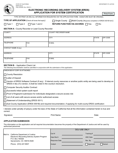 Form ERDS0001A  Printable Pdf