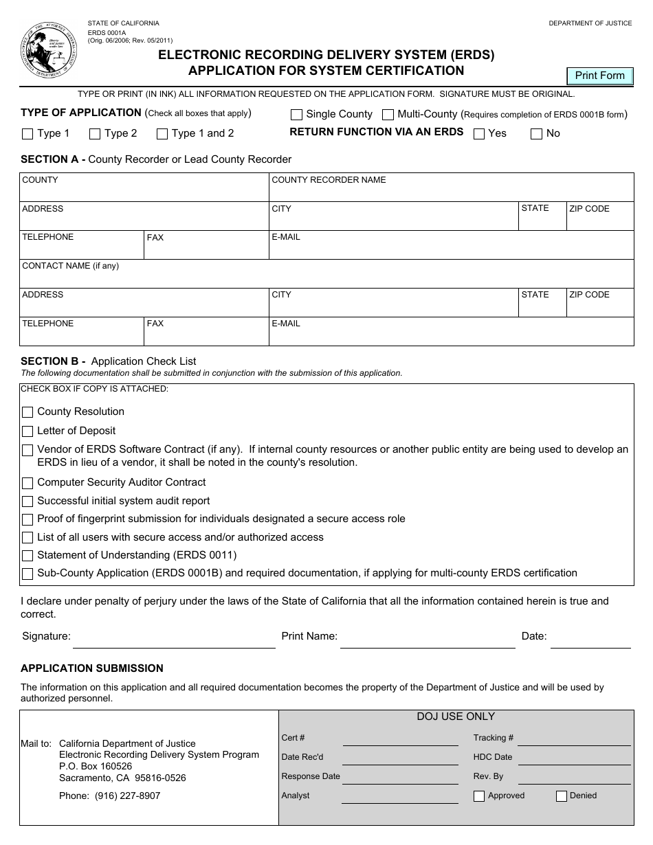 Form ERDS0001A Application for System Certification - Electronic Recording Delivery System (Erds) - California, Page 1