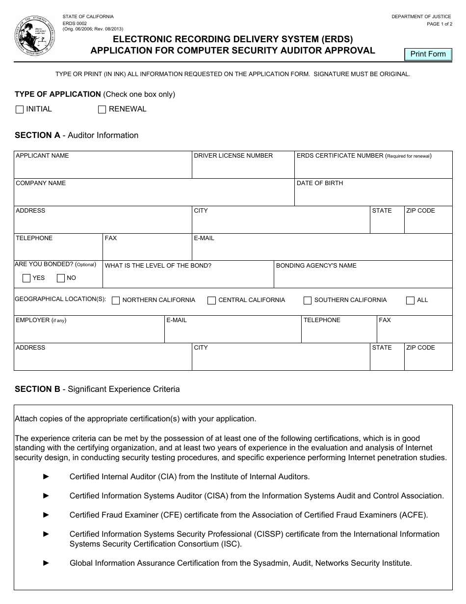 Form ERDS0002 Application for Computer Security Auditor Approval - Electronic Recording Delivery System (Erds) - California, Page 1