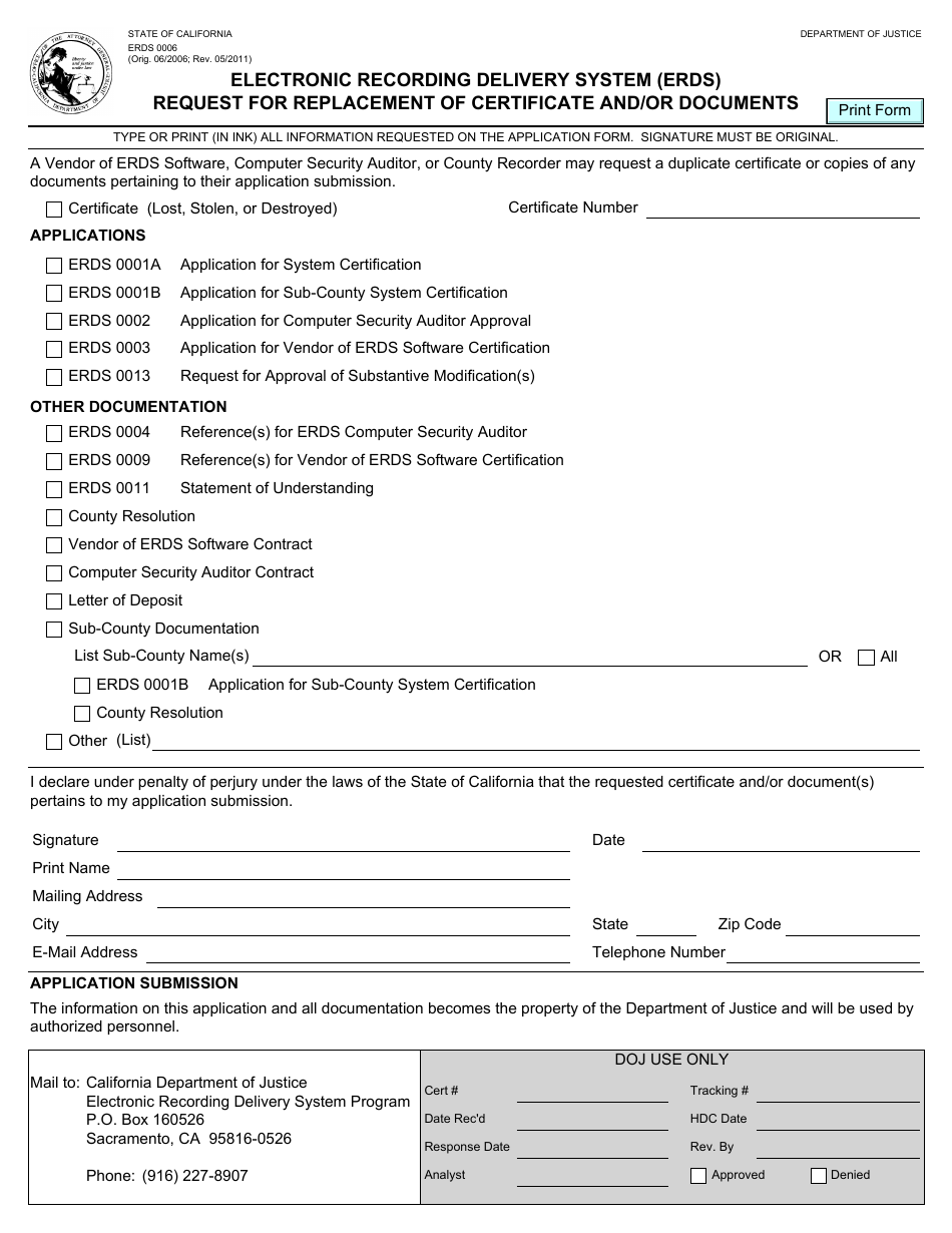 Form ERDS0006 Request for a Replacement of Certificate and / or Documents - Electronic Recording Delivery System (Erds) - California, Page 1