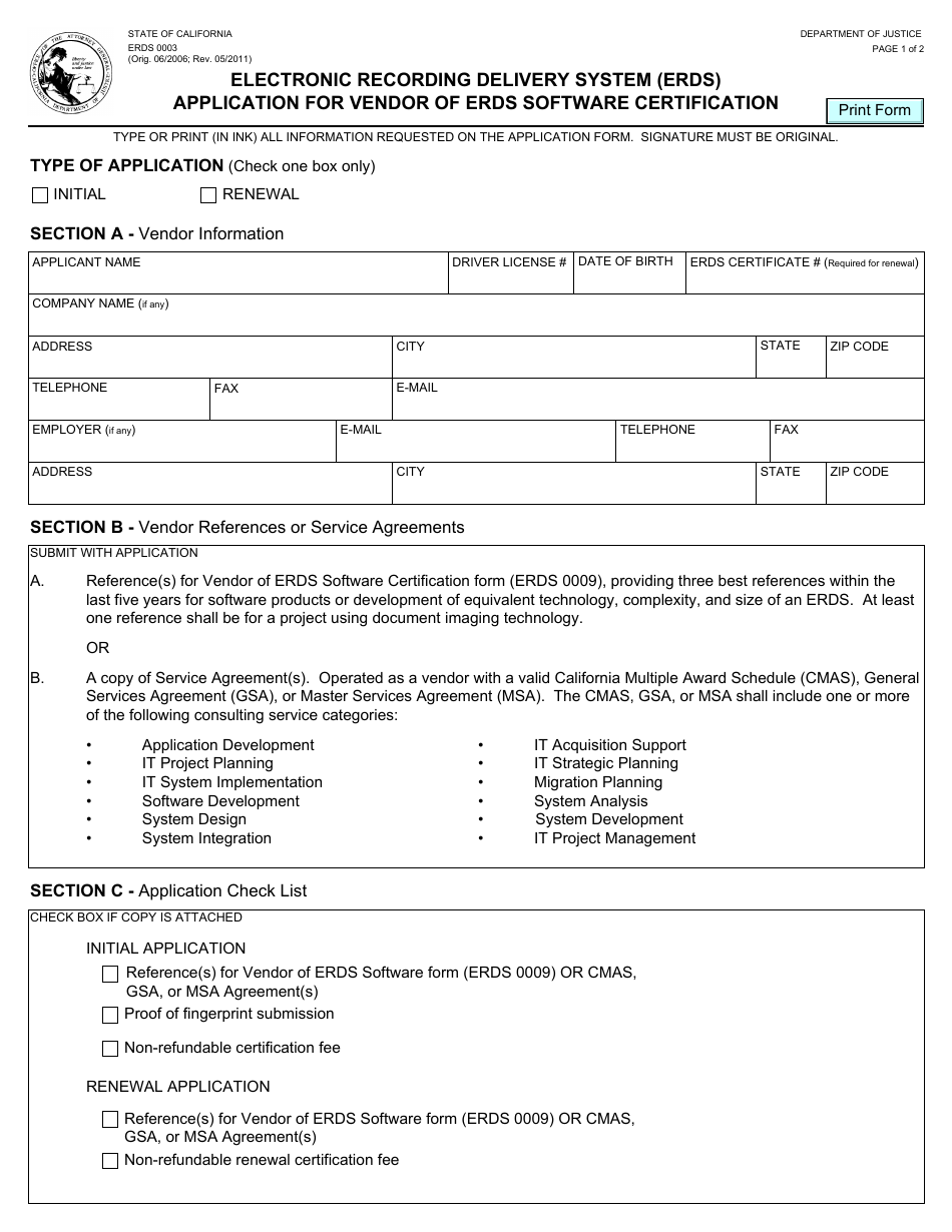 Form ERDS0003 Application for Vendor of Erds Software Certification - Electronic Recording Delivery System (Erds) - California, Page 1