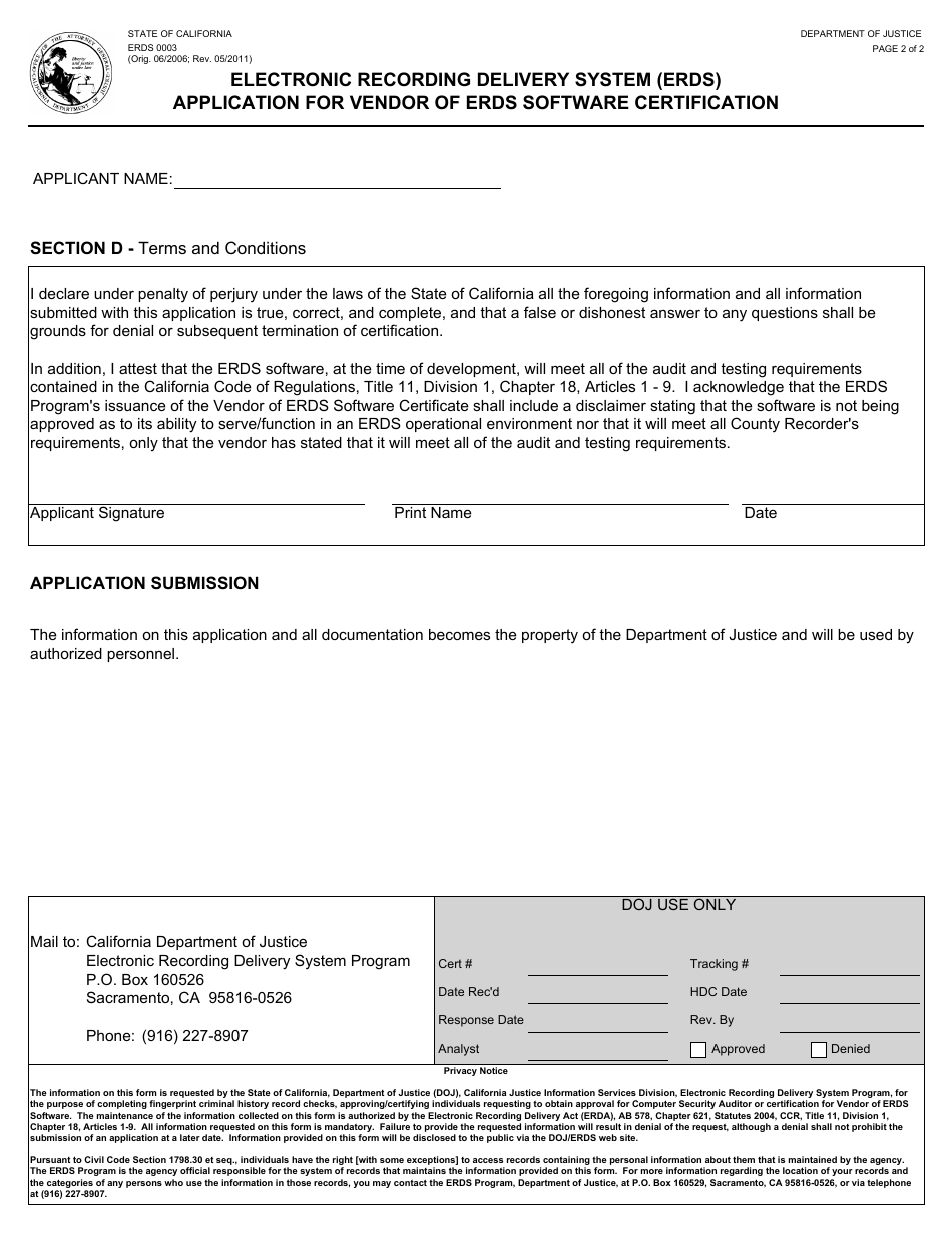 Form ERDS0003 Application for Vendor of Erds Software Certification - Electronic Recording Delivery System (Erds) - California, Page 2