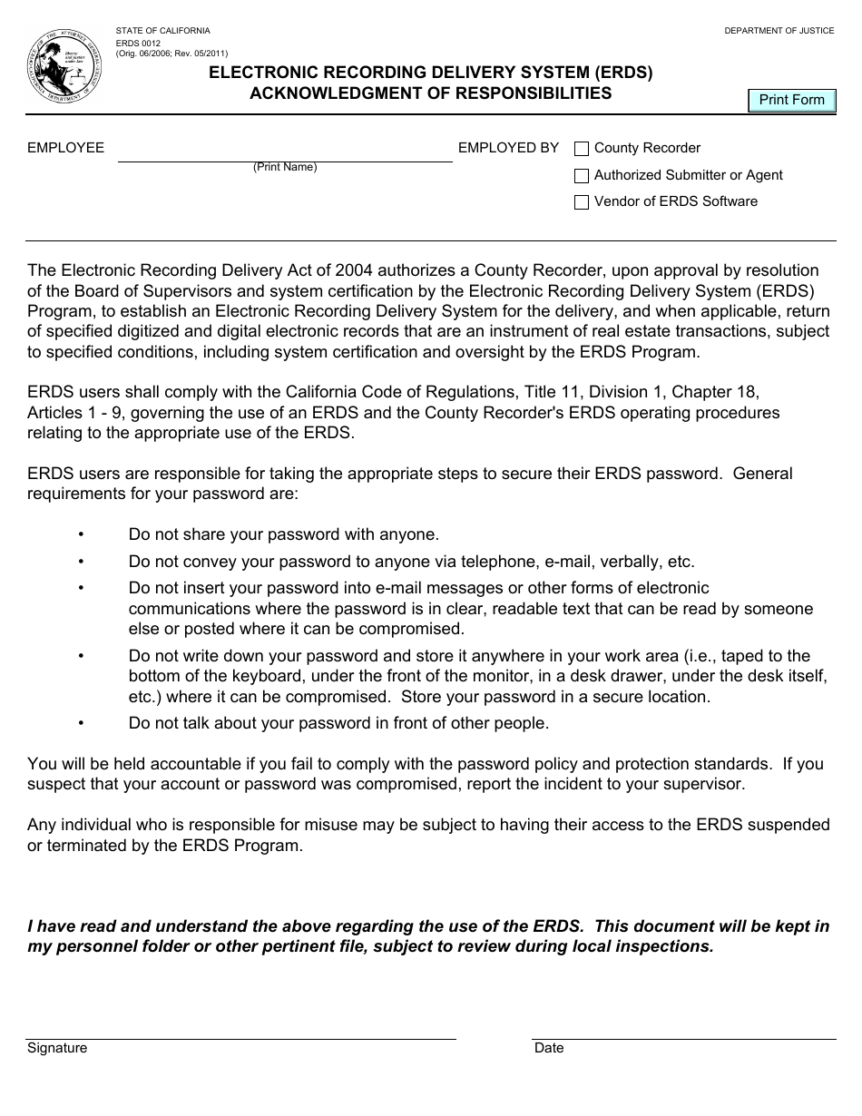 Form ERDS0012 Acknowledgment of Responsibilities - Electronic Recording Delivery System (Erds) - California, Page 1