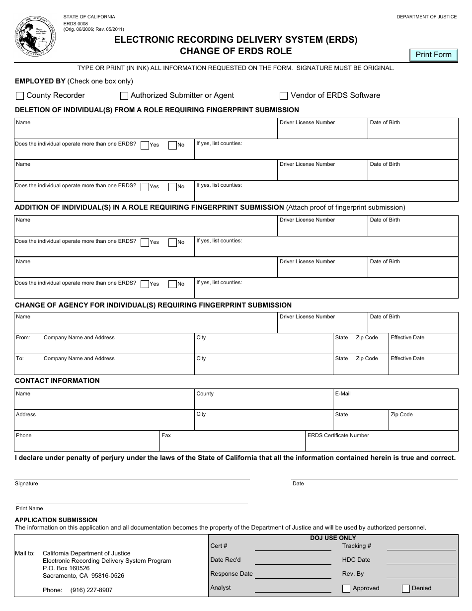 Form ERDS0008 Change of Erds Role - Electronic Recording Delivery System (Erds) - California, Page 1