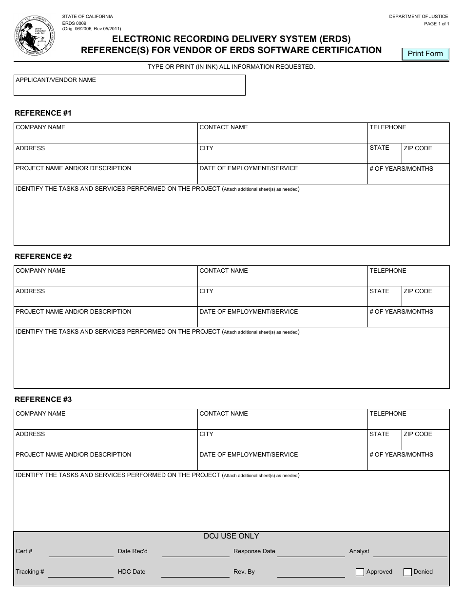 Form ERDS0009 Reference(S) for Vendor of Erds Software Certification - Electronic Recording Delivery System (Erds) - California, Page 1
