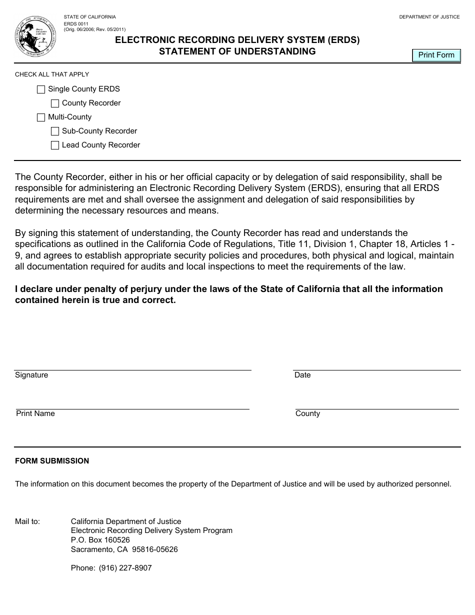 Form ERDS0011 Statement of Understanding - Electronic Recording Delivery System (Erds) - California, Page 1