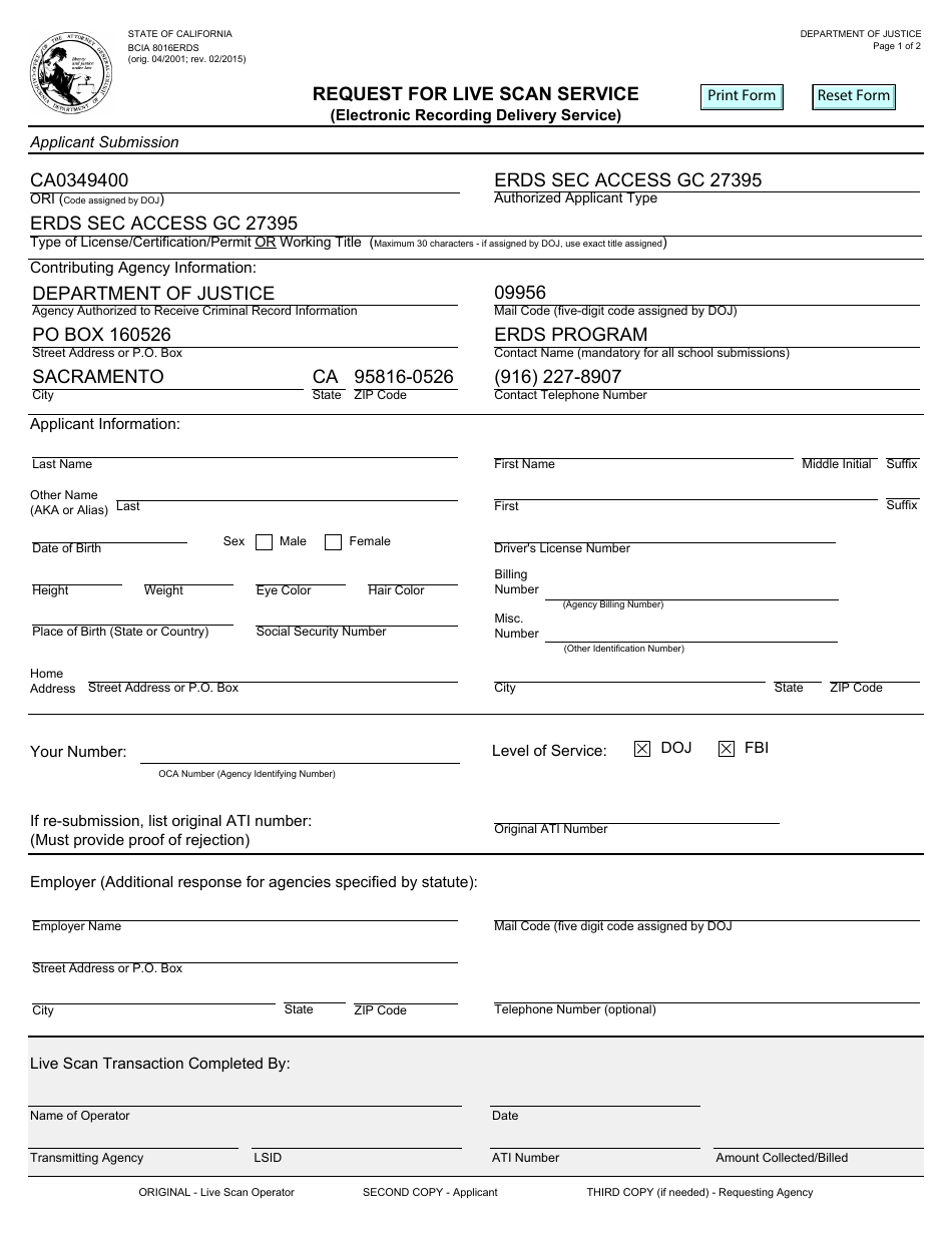 Form BCIA8016ERDS Request for Live Scan Service (Electronic Recording Delivery Service) - California, Page 1