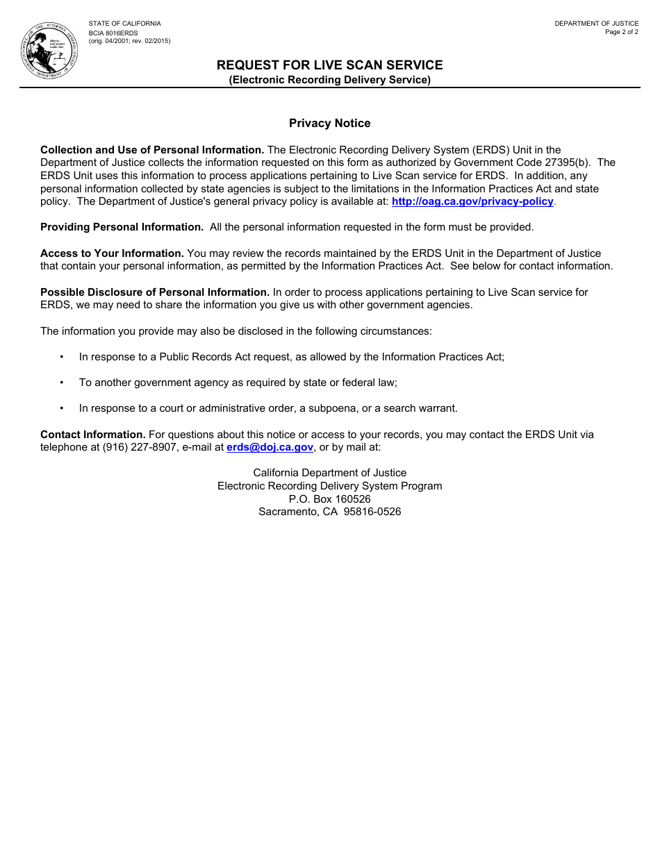 Form BCIA8016ERDS Request for Live Scan Service (Electronic Recording Delivery Service) - California, Page 2