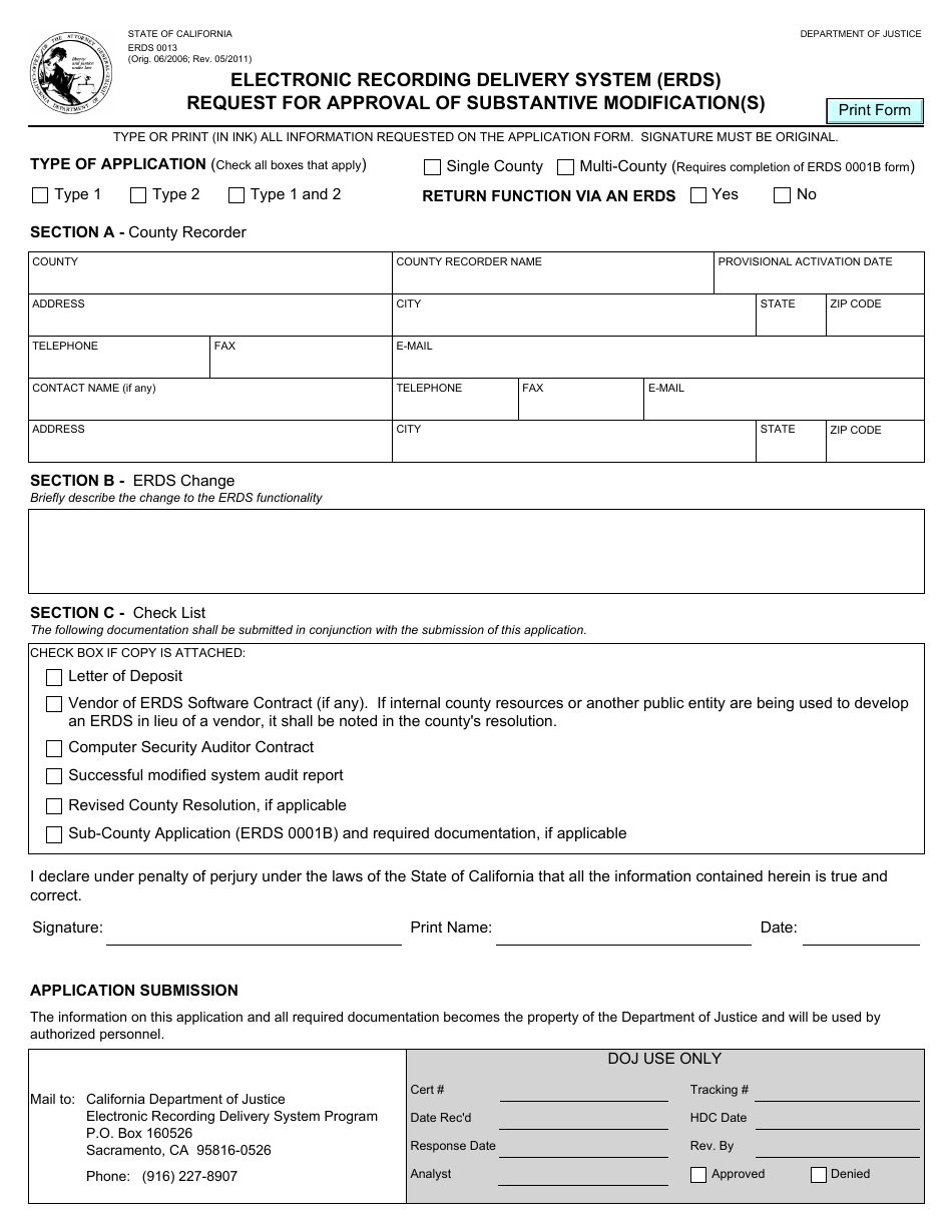 Form ERDS0013 Request for Approval of Substantive Modification(S) - Electronic Recording Delivery System (Erds) - California, Page 1