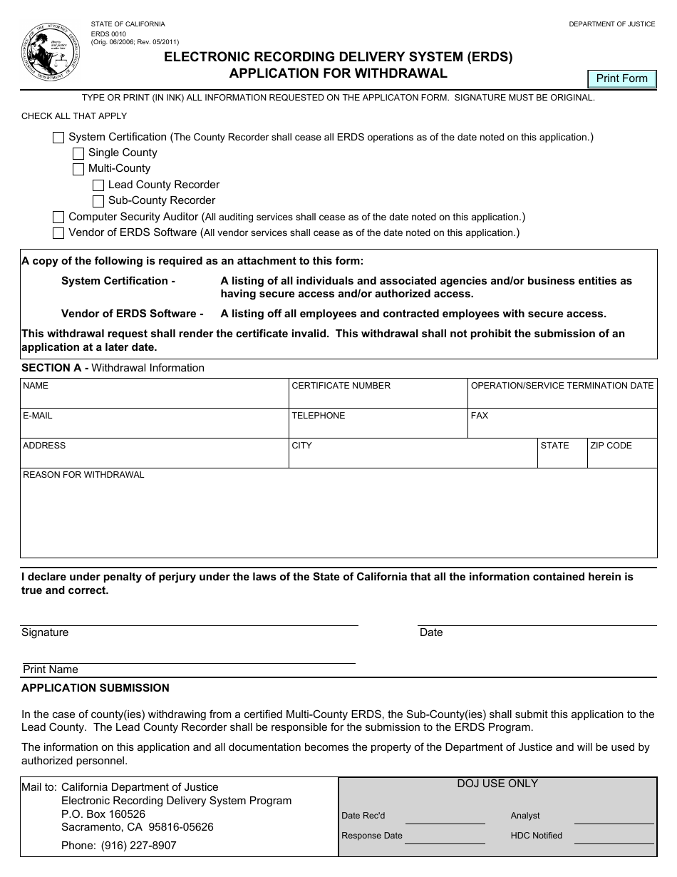 Form ERDS0010 Application for Withdrawal - Electronic Recording Delivery System (Erds) - California, Page 1