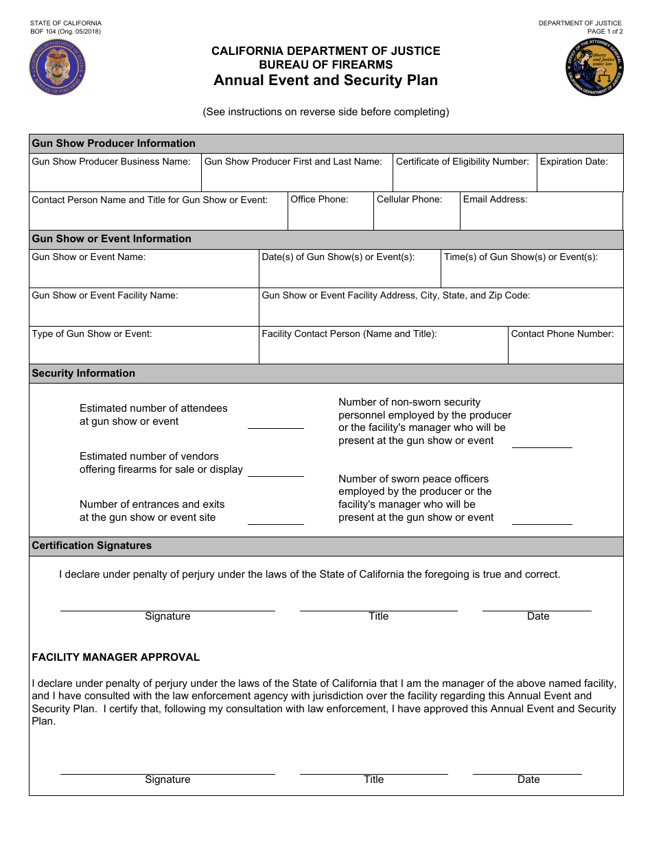 Form BOF104 Annual Event and Security Plan - California, Page 1