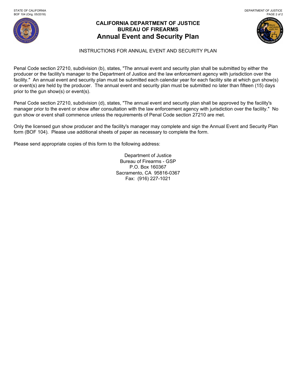 Form BOF104 Annual Event and Security Plan - California, Page 2