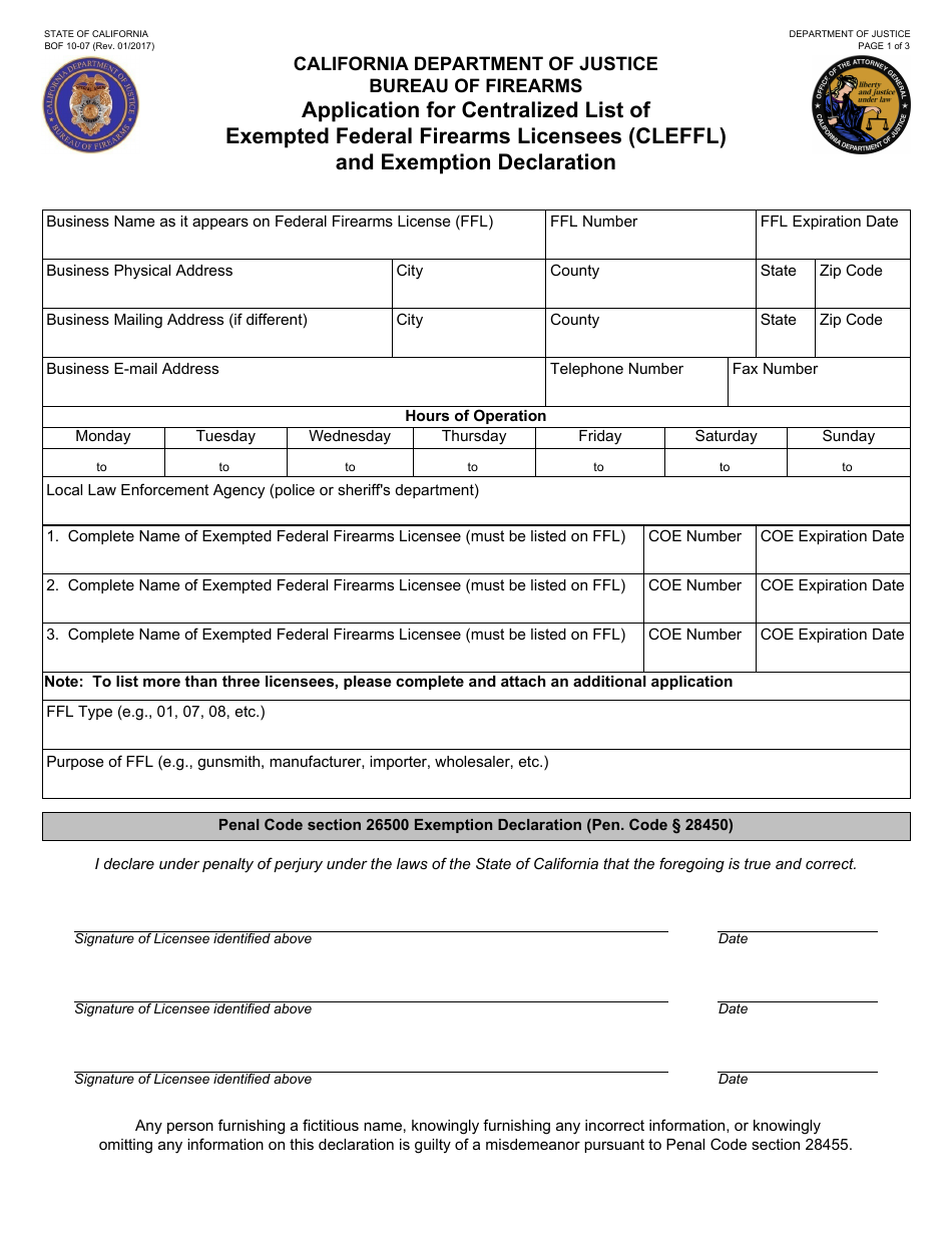 Form BOF10-07 Application for Centralized List of Exempted Federal Firearms Licencees (Cleffl) and Exemption Declaration - California, Page 1