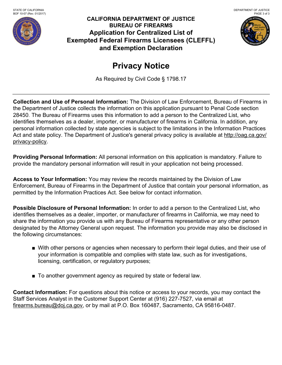 Form BOF10-07 Application for Centralized List of Exempted Federal Firearms Licencees (Cleffl) and Exemption Declaration - California, Page 3