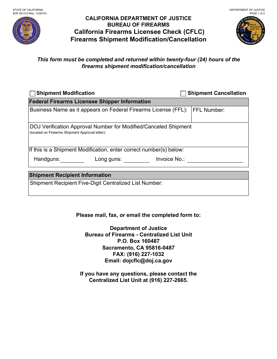 Form BOF08-319 Firearms Shipment Modification / Cancellation - California Firearms Licensee Check (Cflc) - California, Page 1