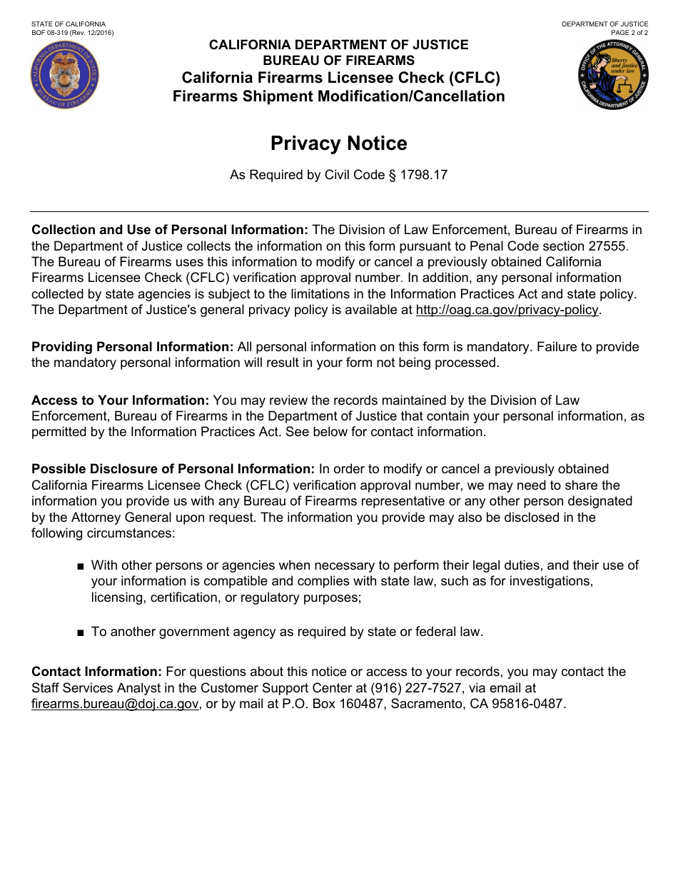 Form BOF08-319 Firearms Shipment Modification / Cancellation - California Firearms Licensee Check (Cflc) - California, Page 2