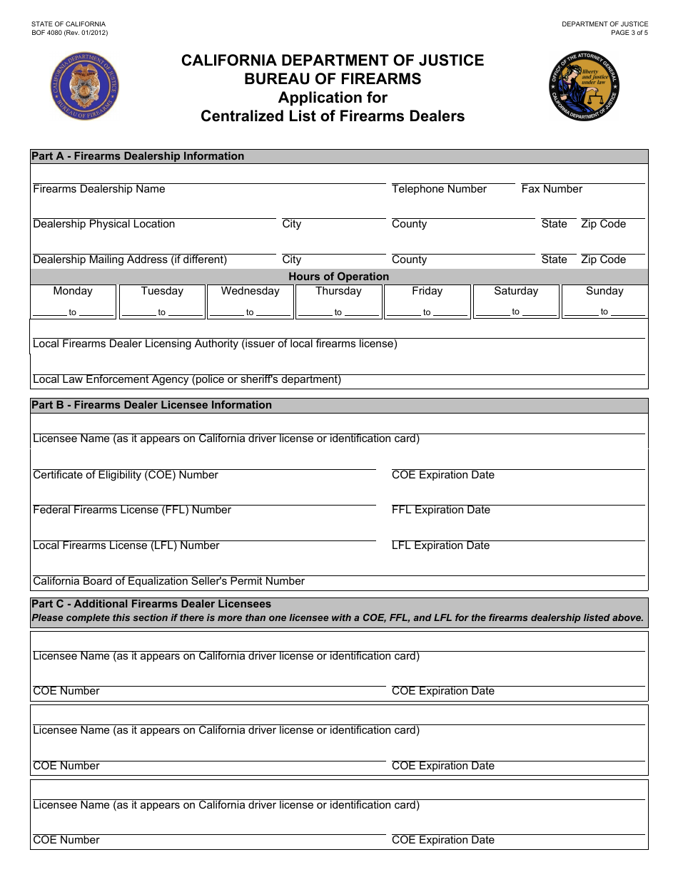 Form BOF4080 Application for Centralized List of Firearms Dealers - California, Page 3