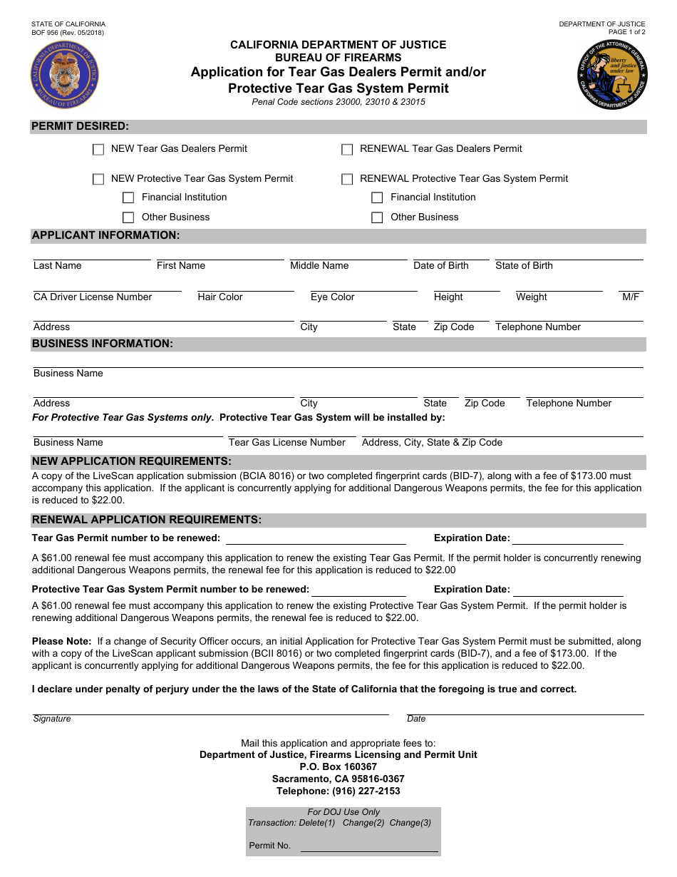 Form BOF956 Application for Tear Gas Dealers Permit and / or Protective Tear Gas System Permit - California, Page 1