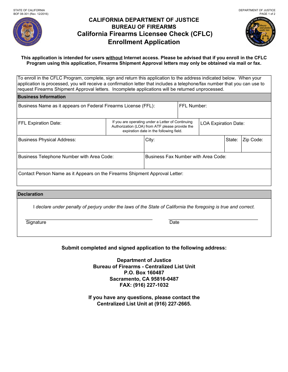 Form BOF08-301 California Firearms Licensee Check (Cflc) Enrollment Application - California, Page 1