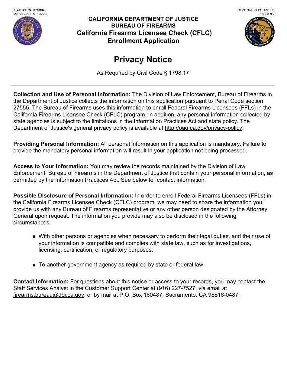 Form BOF08-301 California Firearms Licensee Check (Cflc) Enrollment Application - California, Page 2