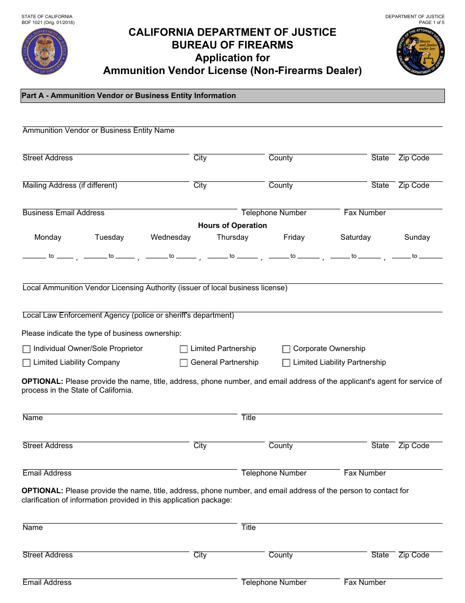 Form BOF1021 Application for Ammunition Vendor License (Non-firearms Dealer) - California, Page 1