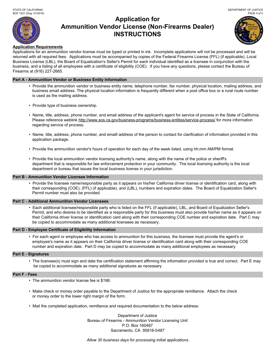 Form BOF1021 Application for Ammunition Vendor License (Non-firearms Dealer) - California, Page 4