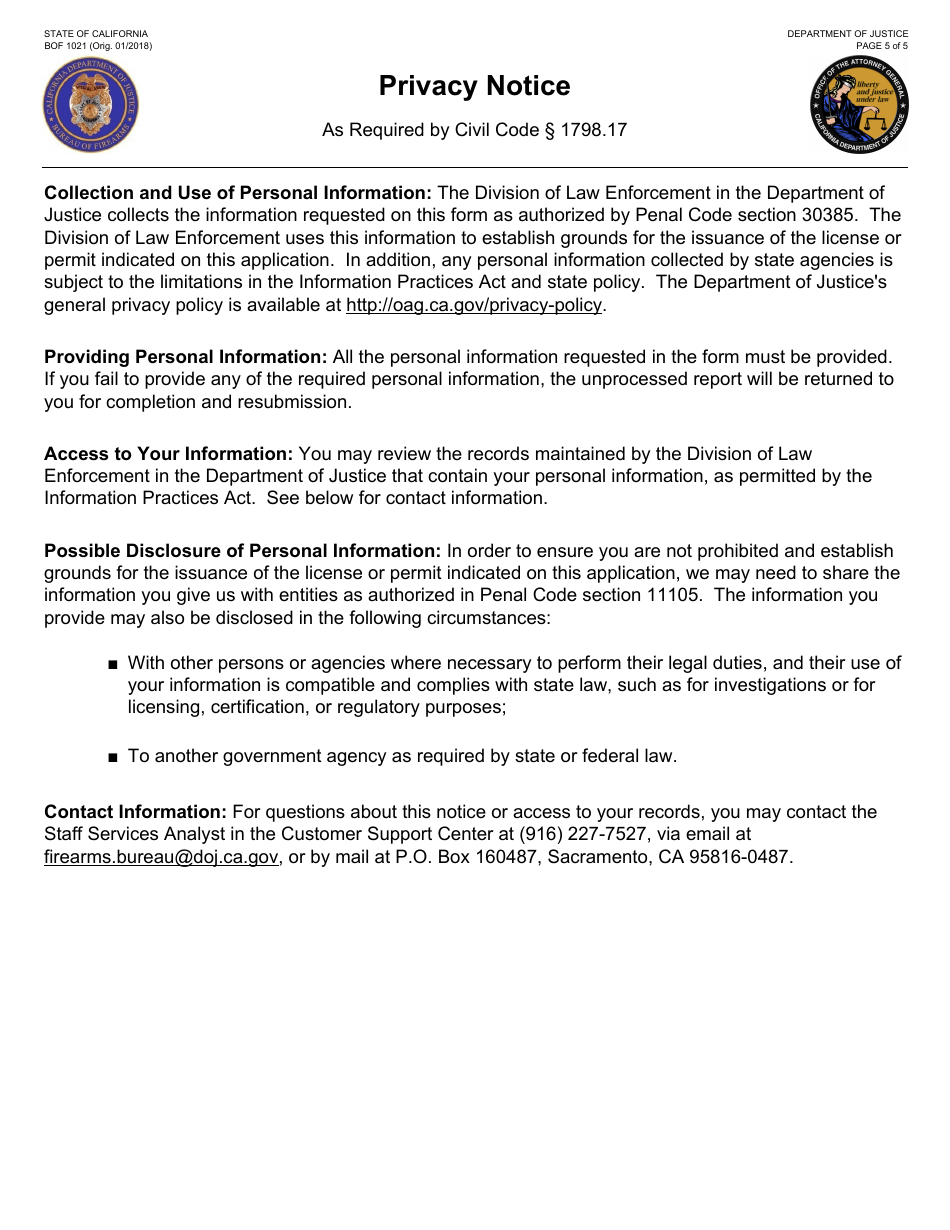 Form BOF1021 Application for Ammunition Vendor License (Non-firearms Dealer) - California, Page 5