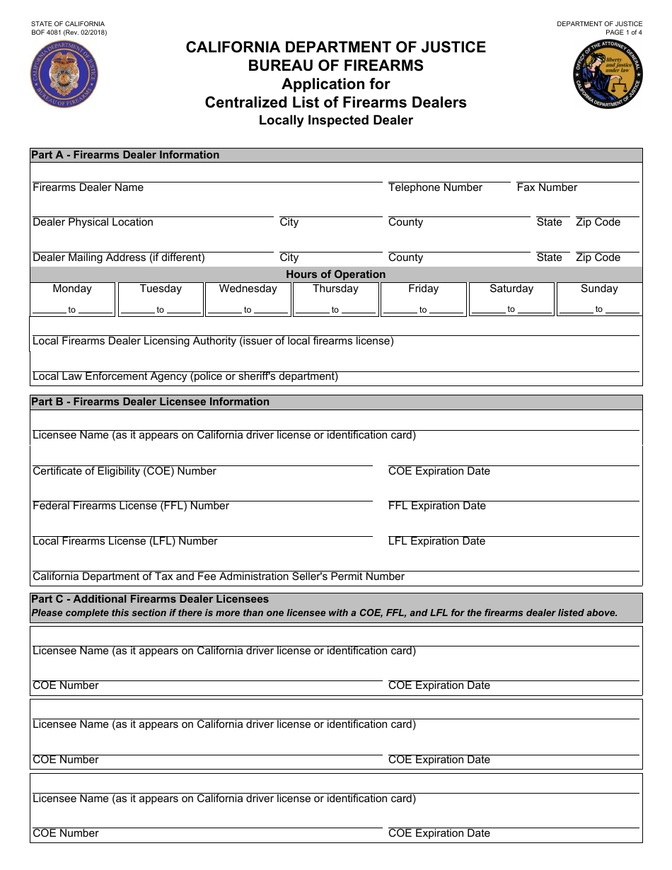 Form BOF4081 Application for Centralized List of Firearms Dealers - Locally Inspected Dealer - California, Page 1