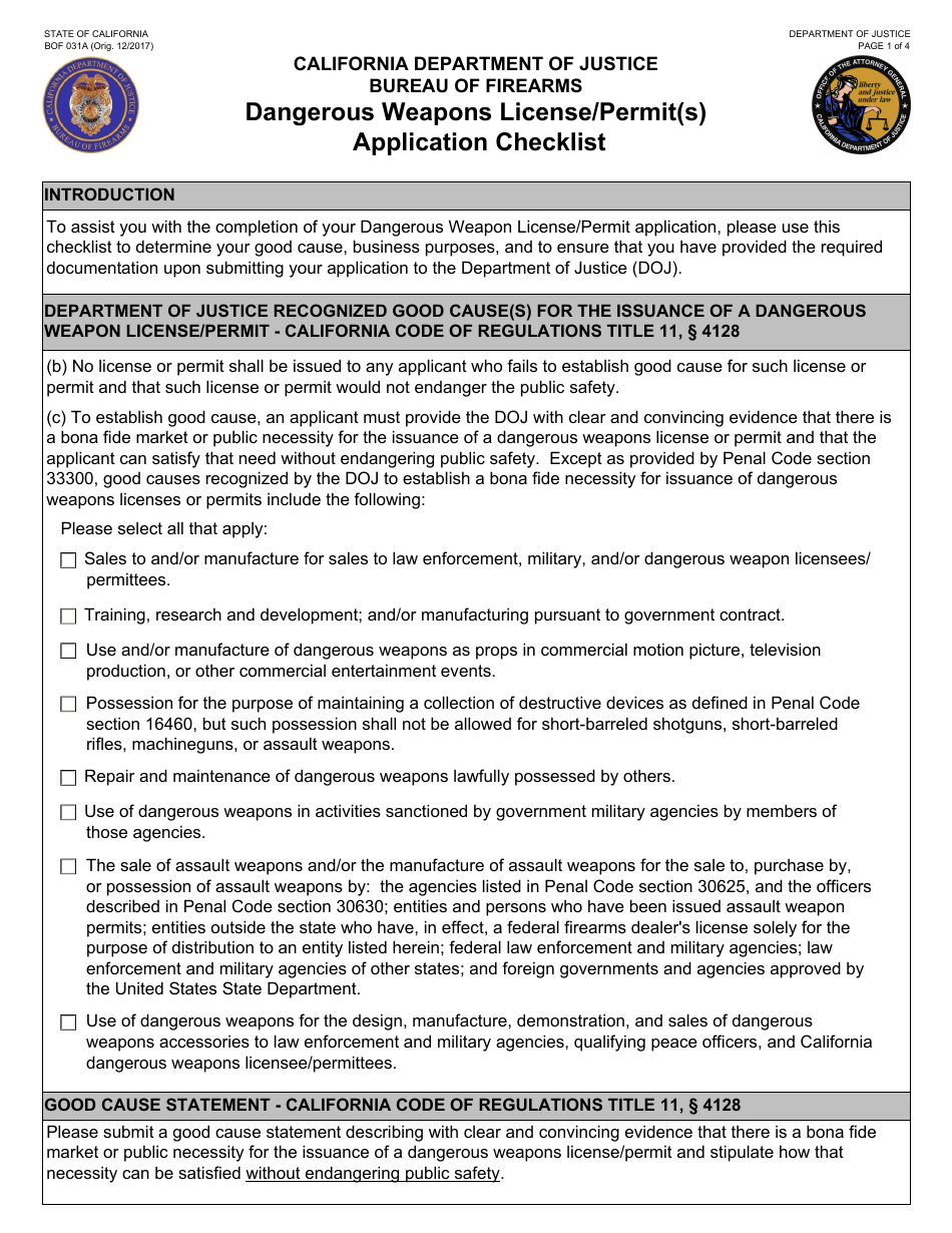 Form BOF031A Dangerous Weapons License / Permit(S) Application Checklist - California, Page 1