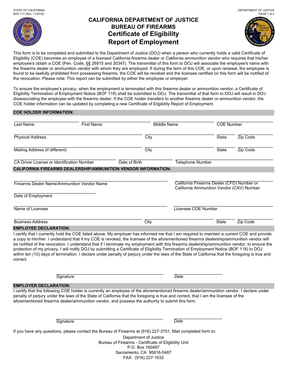 Form BOF117 Certificate of Eligibility Report of Employment - California, Page 1