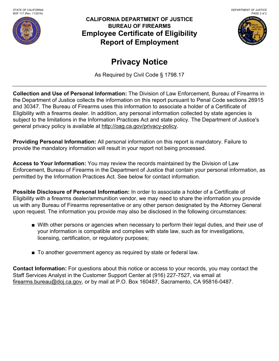 Form BOF117 Certificate of Eligibility Report of Employment - California, Page 2