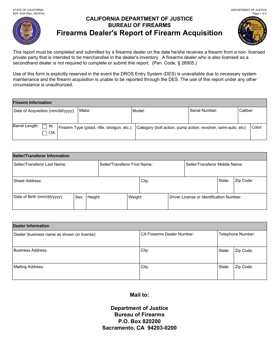 Form BOF4334 Firearms Dealers Report of Firearm Acquisition - California, Page 1