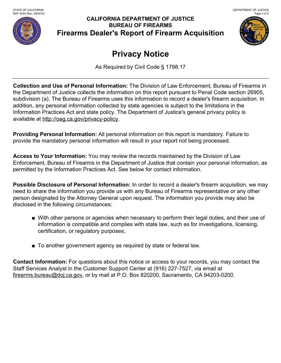 Form BOF4334 Firearms Dealers Report of Firearm Acquisition - California, Page 2