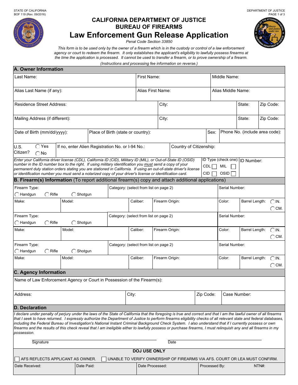 Form BOF119 Law Enforcement Gun Release Application - California, Page 1