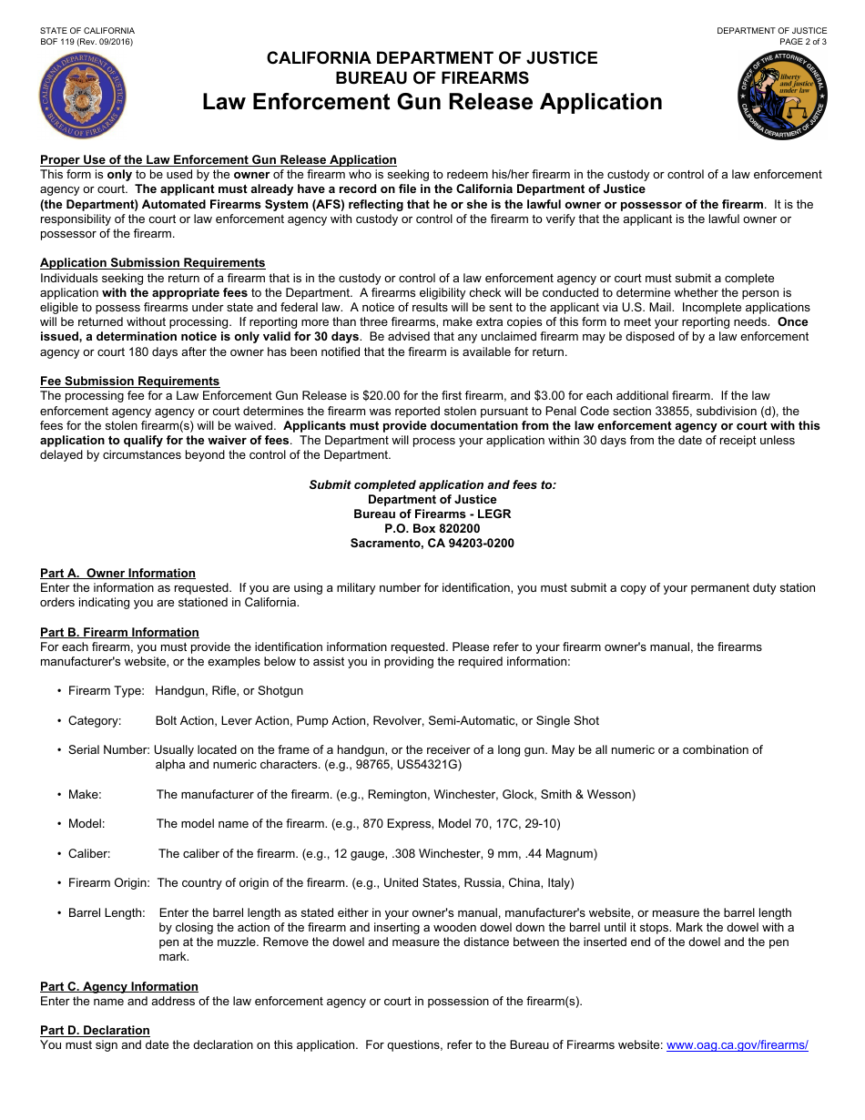 Form BOF119 Law Enforcement Gun Release Application - California, Page 2