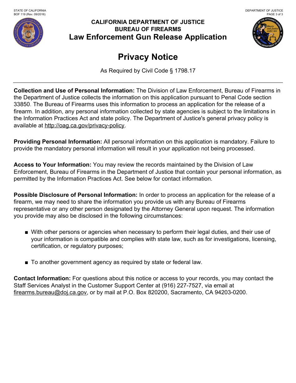 Form BOF119 Law Enforcement Gun Release Application - California, Page 3